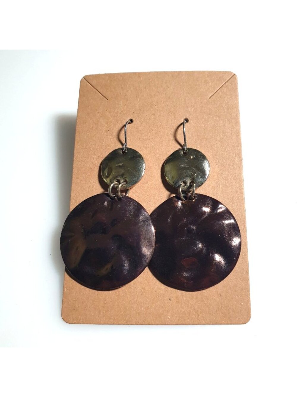Hammered Metal Round Dangle Earrings 2.5 Inch Bronze Silver Hookback Modern Mini